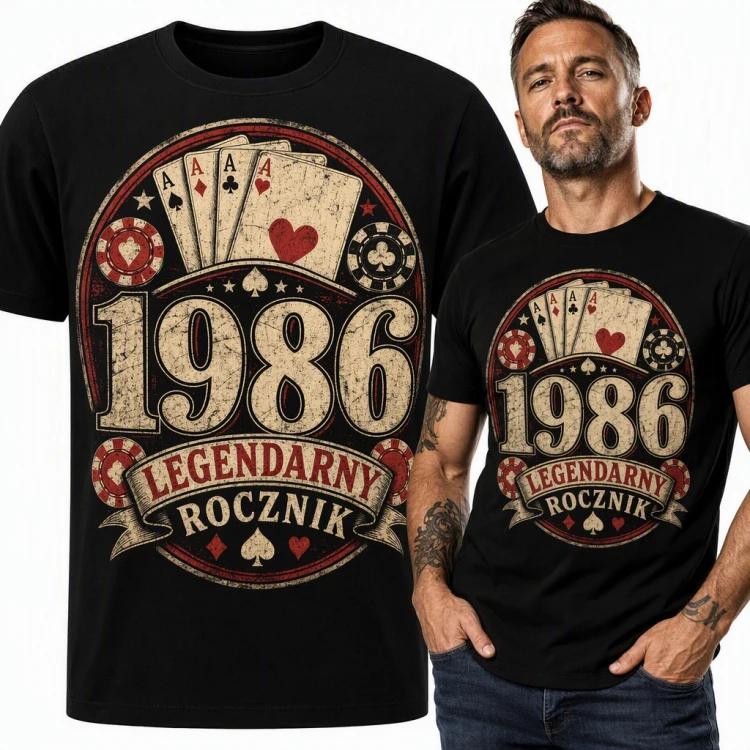Koszulka męska na 40 urodziny „1986 Legendarny rocznik” - cztery asy i żetony pokerowe