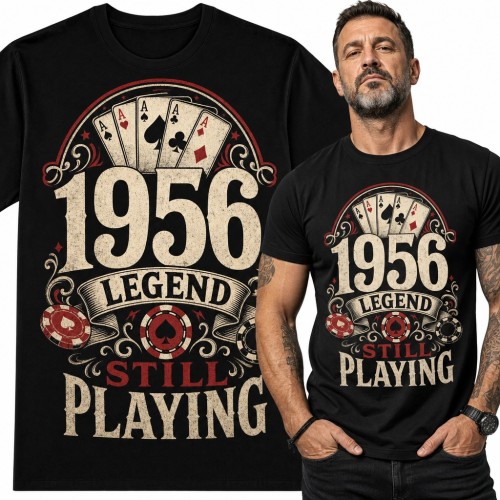Koszulka męska na 70 urodziny dla pokerzysty - „1956 Legend Still Playing”