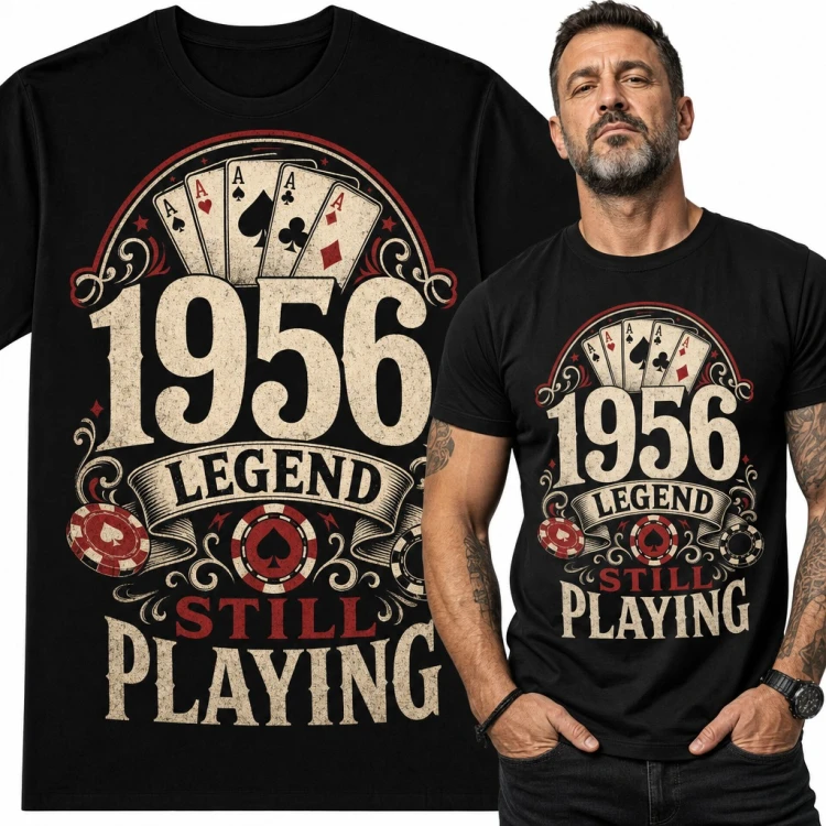 Koszulka męska na 70 urodziny dla pokerzysty - „1956 Legend Still Playing”