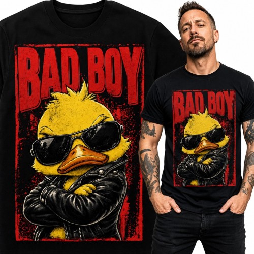 Koszulka męska „Bad Boy” - żółta kaczka w ramonesce i ciemnych okularach