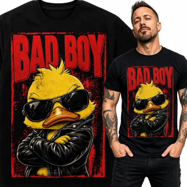 Koszulka męska „Bad Boy” - żółta kaczka w ramonesce i ciemnych okularach