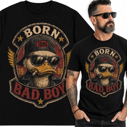 Koszulka męska na 40 urodziny „Born 1986 Bad Boy” - kaczka w okularach z cygarem