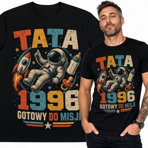 Koszulka męska „Tata 1996 gotowy do misji” - astronauta z rakietą i smoczkiem