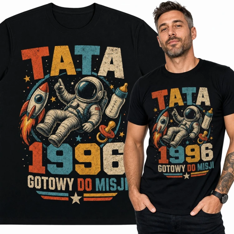 Koszulka męska „Tata 1996 gotowy do misji” - astronauta z rakietą i smoczkiem