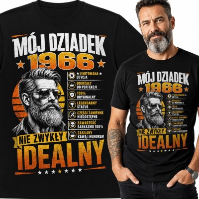 Koszulka męska na 60 urodziny „Mój dziadek 1966 nie zwykły idealny” - brodacz w okularach