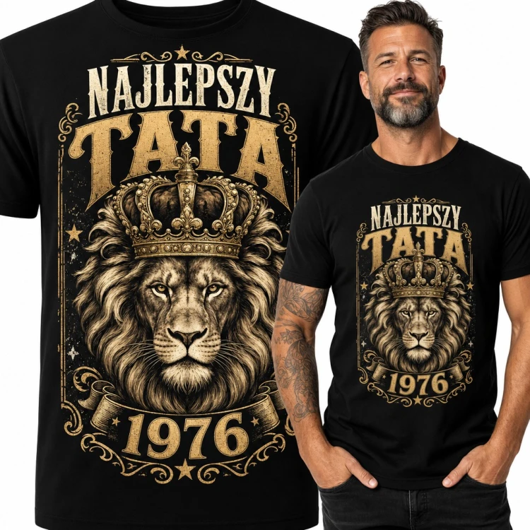 Koszulka męska „Najlepszy Tata 1976” - lew w koronie na 50 urodziny
