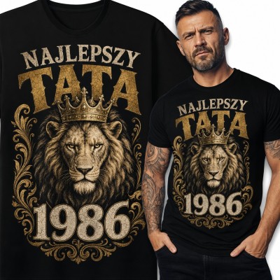 Koszulka męska na 40 urodziny „Najlepszy Tata 1986” - lew w koronie