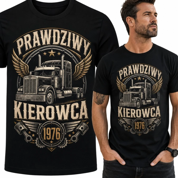 Koszulka męska „Prawdziwy kierowca 1976” z ciężarówką na 50 urodziny