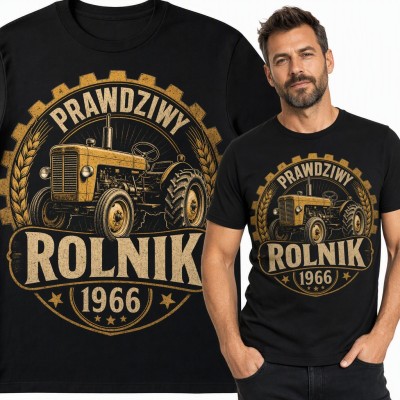 Koszulka męska na 60 urodziny „Prawdziwy rolnik 1966” z traktorem