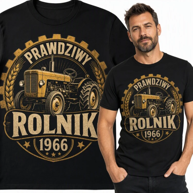 Koszulka męska na 60 urodziny „Prawdziwy rolnik 1966” z traktorem