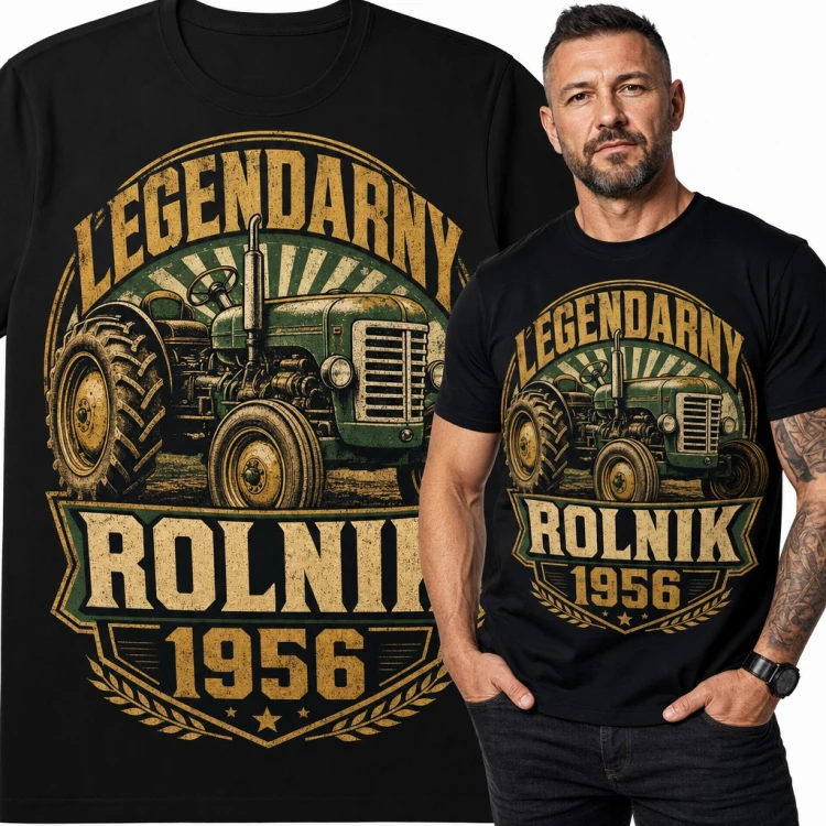 Koszulka męska „Legendarny Rolnik 1956” z traktorem na 70 urodziny