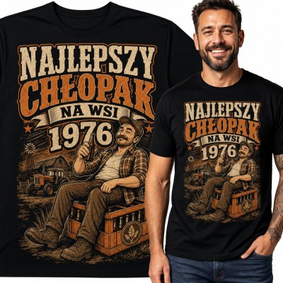 Koszulka męska na 50 urodziny „Najlepszy chłopak na wsi 1976” - rolnik z piwem