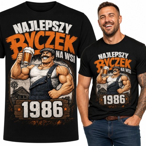 Koszulka męska na 40 urodziny „Najlepszy byczek na wsi 1986” z kuflem piwa