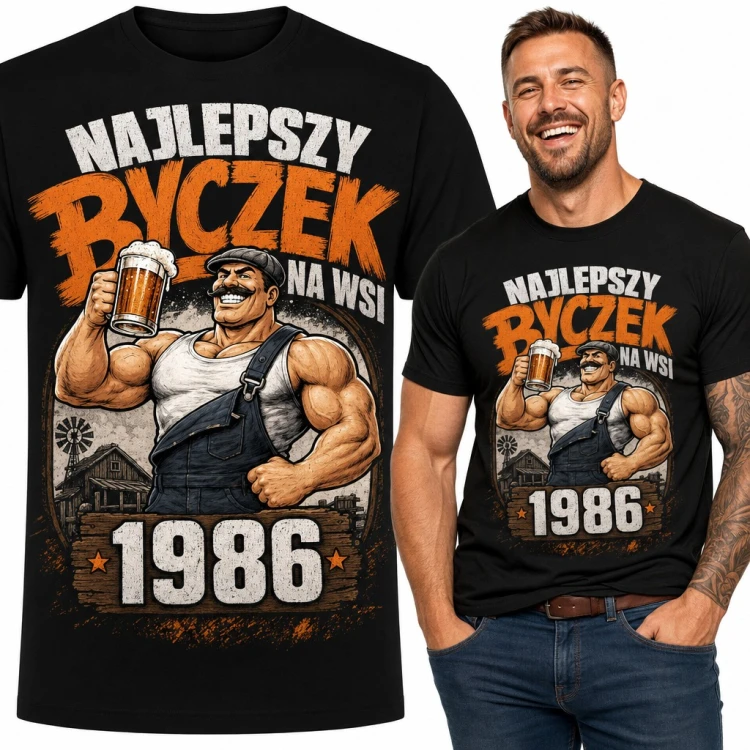 Koszulka męska na 40 urodziny „Najlepszy byczek na wsi 1986” z kuflem piwa