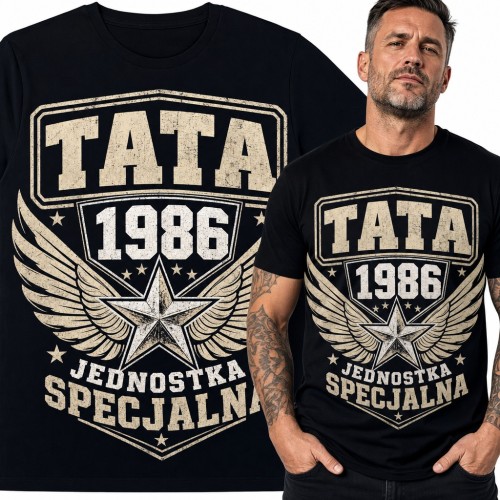 Koszulka męska „Tata 1986 Jednostka Specjalna” - na 40 urodziny ze skrzydłami i gwiazdą