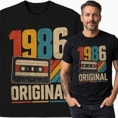 Koszulka męska na 40 urodziny „1986 Original” z kasetą retro
