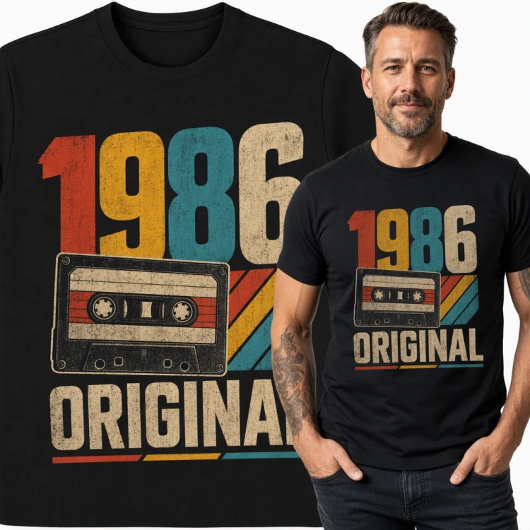 Koszulka męska na 40 urodziny „1986 Original” z kasetą retro