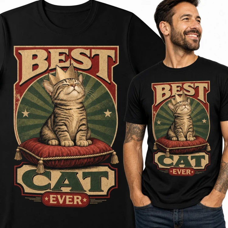 Koszulka męska z kotem w koronie „Best Cat Ever” - retro plakat