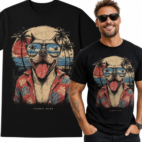 Koszulka męska „Summer mode” - pitbull w hawajskiej koszuli i okularach na plaży