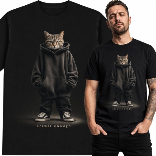 Koszulka męska „Normal enough” - kot w trampkach w stylu streetwear