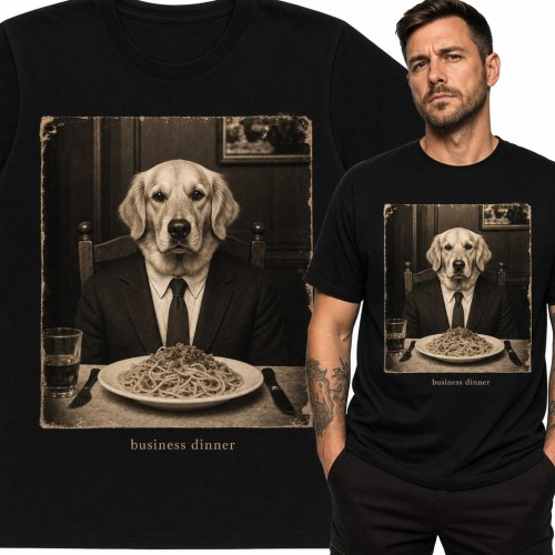Koszulka męska golden retriever w garniturze przy spaghetti „Business dinner”