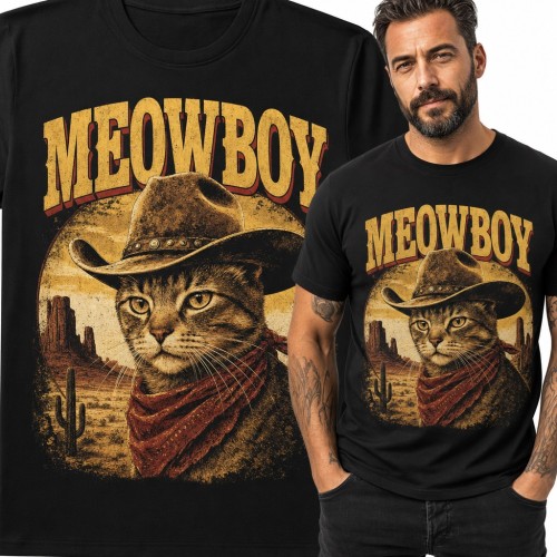 Koszulka męska „Meowboy” - kot kowboj w kapeluszu na tle Dzikiego Zachodu