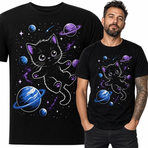 Koszulka męska z kotkiem w kosmosie - czarny kociak wśród planet i gwiazd