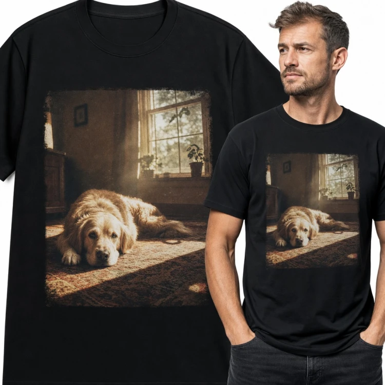 Koszulka męska z golden retrieverem w słonecznym pokoju - dla właściciela psa