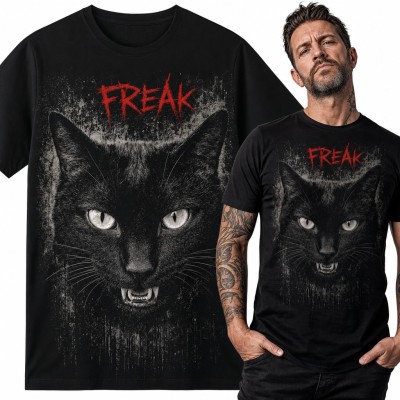 Koszulka męska z czarnym kotem i napisem „Freak” - obnażone kły w stylu grunge