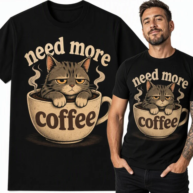 Koszulka męska „Need more coffee” - zaspany kot w filiżance dla kawosza