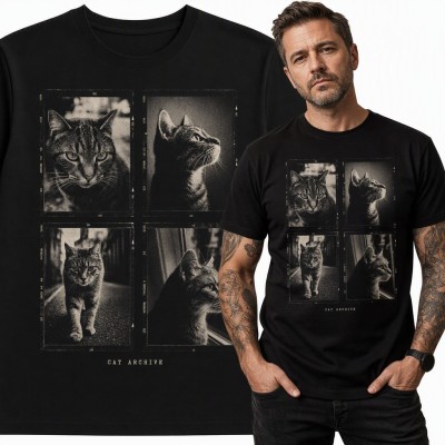 Koszulka męska z kotem w kadrach kliszy fotograficznej „Cat Archive”