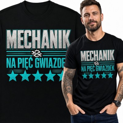 Koszulka męska dla mechanika z napisem „Mechanik na pięć gwiazdek” - motyw warsztatowy