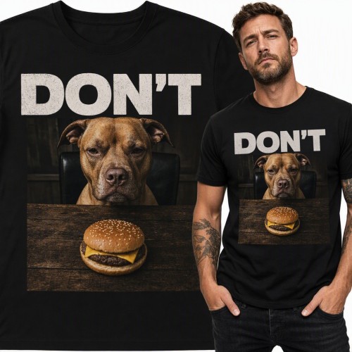 Koszulka męska „Don't” - groźny pitbull pilnujący cheeseburgera
