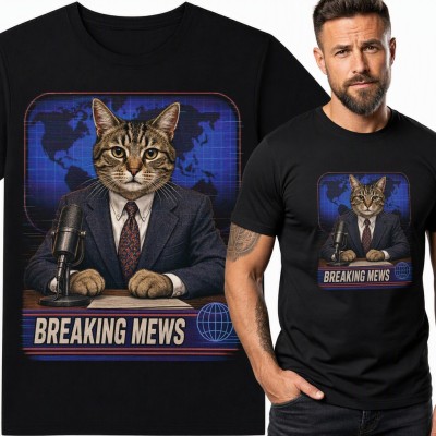 Koszulka męska „Breaking Mews” - kot prezenter wiadomości przy mikrofonie