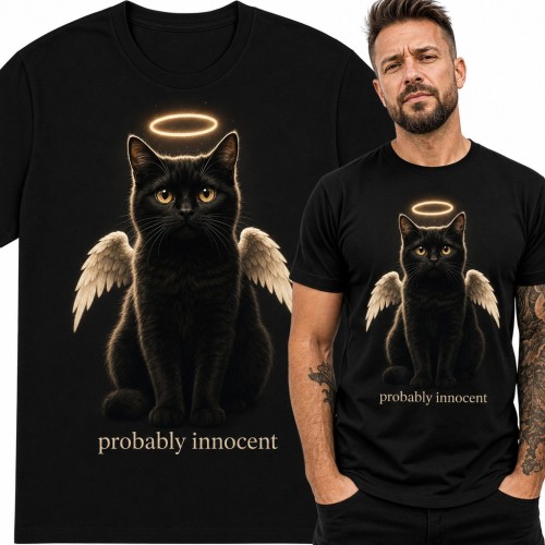 Koszulka męska z czarnym kotem aniołem - „Probably innocent”