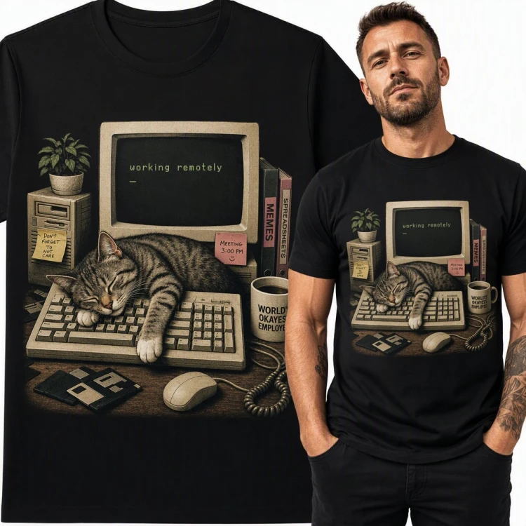 Koszulka męska z kotem śpiącym na klawiaturze retro komputera - „Working remotely”