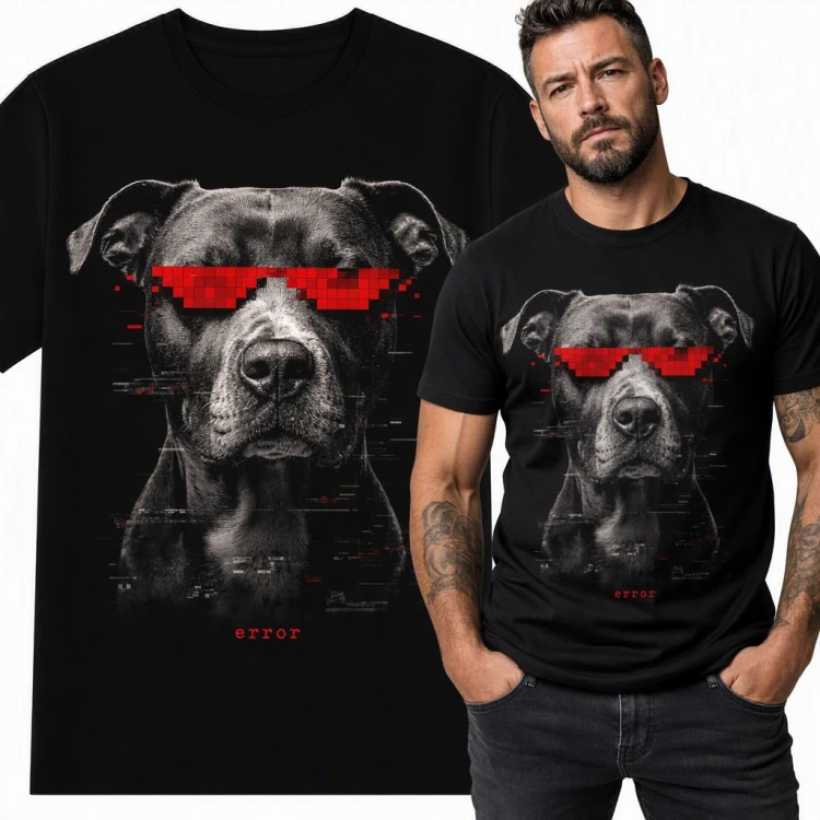 Koszulka męska „error” - pitbull w pikselowych okularach glitch