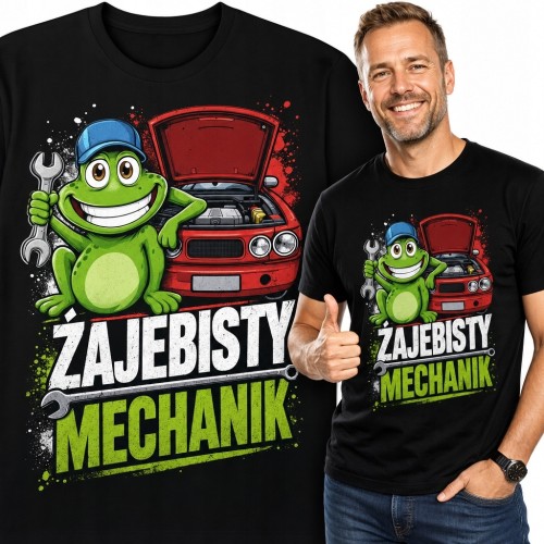 Koszulka męska dla mechanika z żabą - „Zajebisty mechanik”