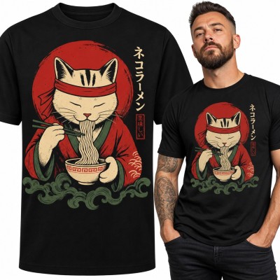 Koszulka męska „ネコラーメン” - kot jedzący ramen w japońskim stylu