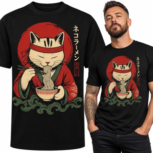 Koszulka męska „ネコラーメン” - kot jedzący ramen w japońskim stylu