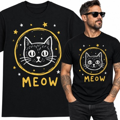 Koszulka męska z czarnym kotem w złotym kręgu i napisem „Meow”