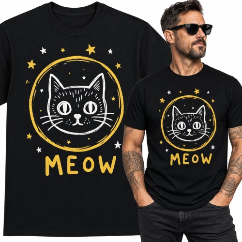 Koszulka męska z czarnym kotem w złotym kręgu i napisem „Meow”