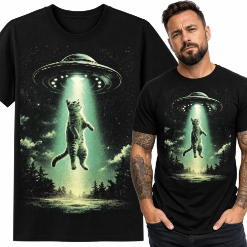 Koszulka męska z kotem porywanym przez UFO nad nocnym lasem