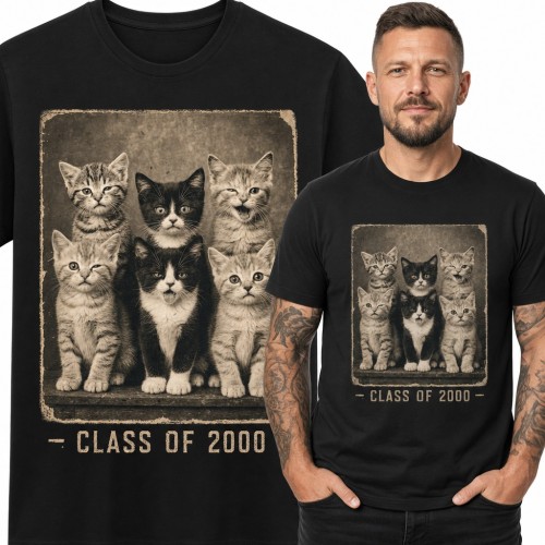 Koszulka męska z kociętami na retro zdjęciu klasowym „Class of 2000”