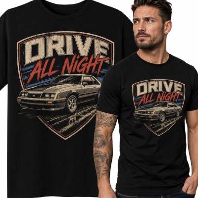 Koszulka męska „Drive All Night” z samochodem retro w tarczy