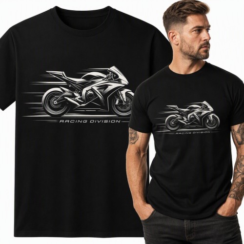 Koszulka męska „Racing Division” z motocyklem ścigaczem dla motocyklisty