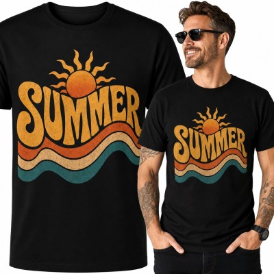 Koszulka męska „Summer” - retro słońce nad falami w stylu lat 70