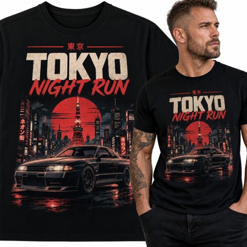 Koszulka męska „Tokyo Night Run” - japońskie auto JDM nocą i Tokyo Tower