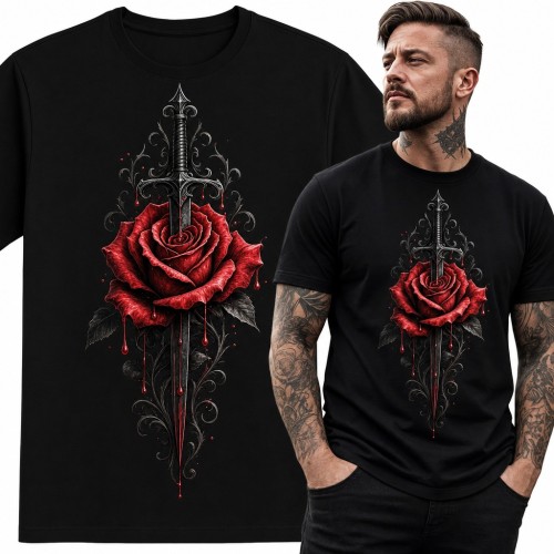Koszulka męska róża przebita sztyletem - gotycki wzór tattoo z kroplami krwi