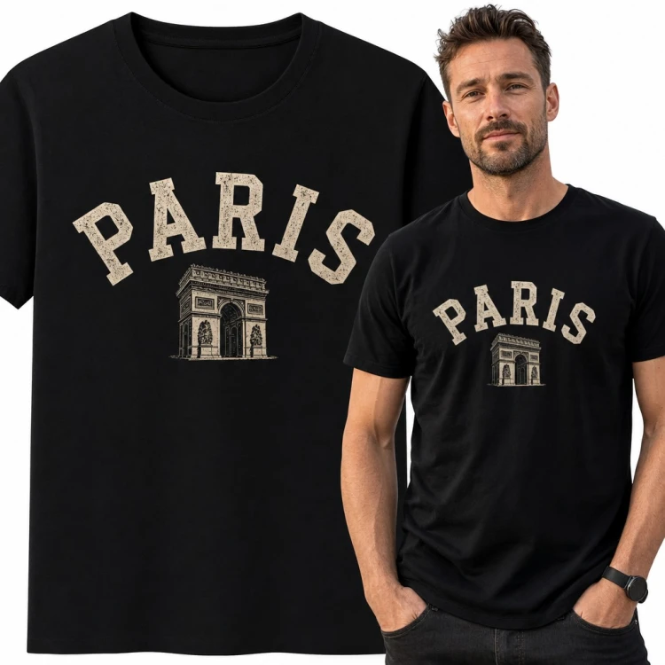 Koszulka męska „Paris” z Łukiem Triumfalnym w stylu college